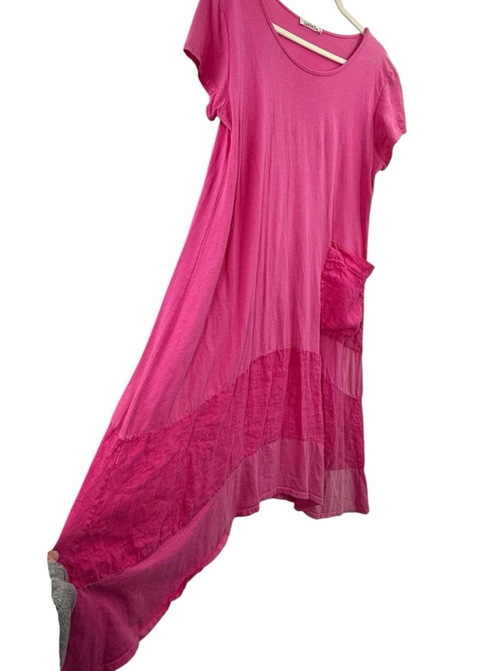 Italian Pink Linen Blend Lagenlook Midi Dress Asymmetrical Pocket Boho Tunic - Picture 5 of 11